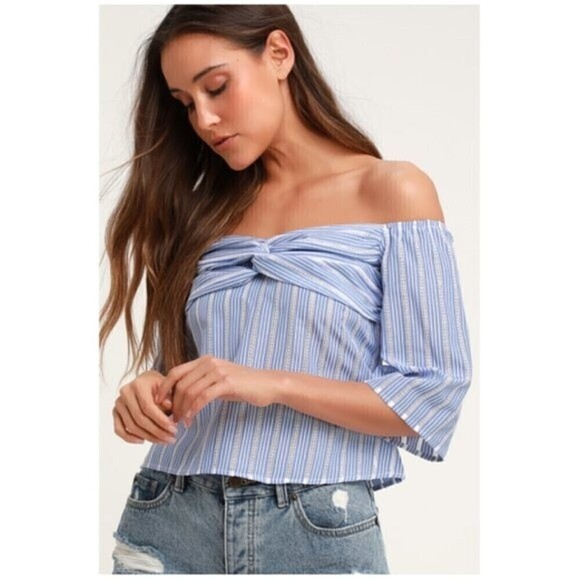 Lulu's Beyond Belief Blue Striped Knot Front Off-The-Shoulder Top Size S - Picture 1 of 10
